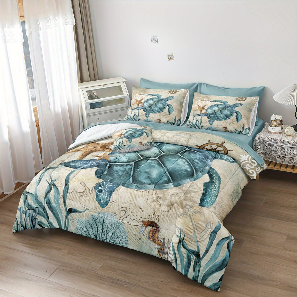 8 Pieces Blue Green Comforter Set Ocean Life Bed In A Bag Turtle Beach Bedding Set Hawaii Style Summer Lightweight Bedding Comforter Set 200g Microfiber Filling Soft Lightweight Comforter Set For All Seasons