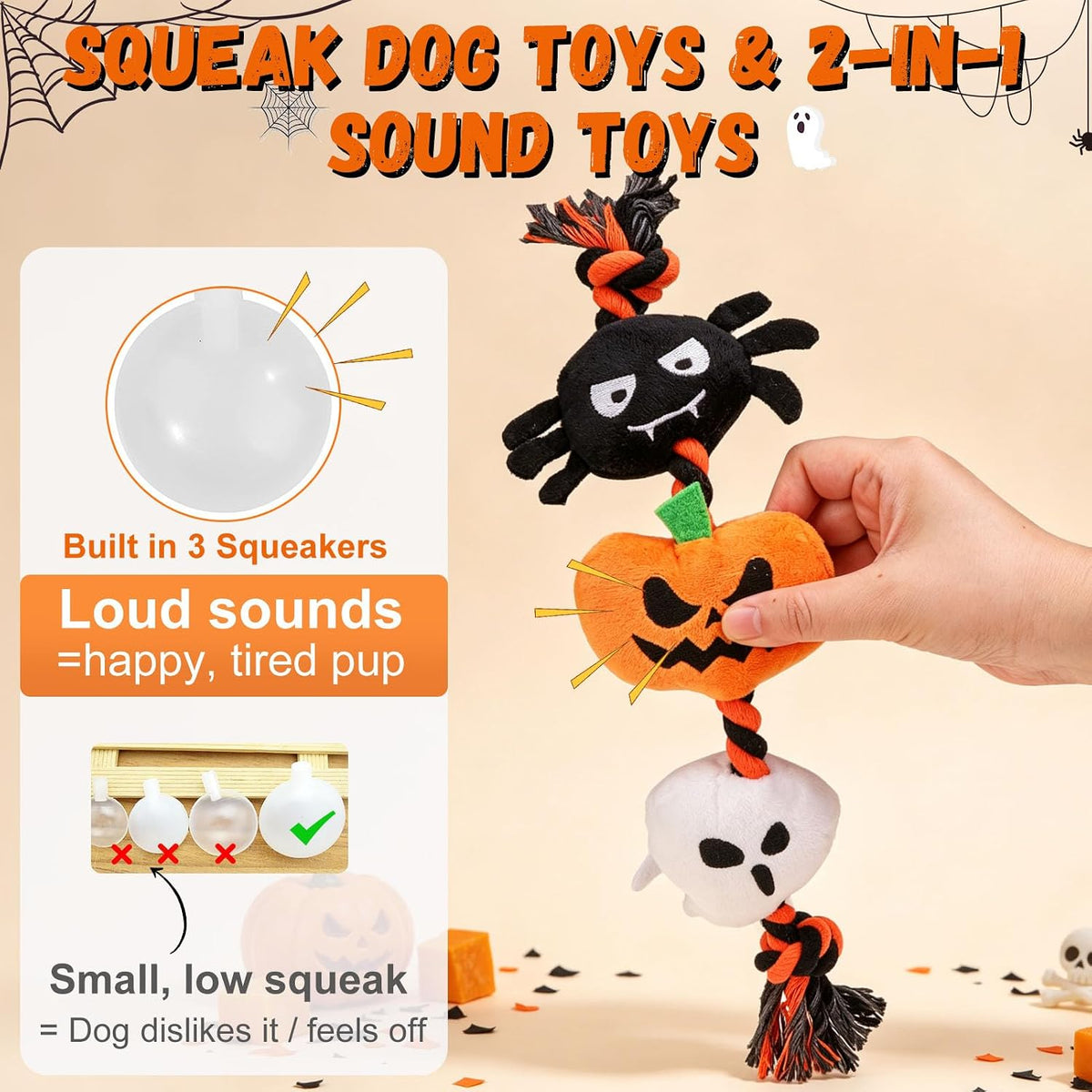 Halloween Squeaky Dog Toy for Small Dog to Keep Them Busy, Interactive Dog Rope Toy with 3 Squeakers, Funny Plush Stuffed Toys for Puppy Pet Tug of War Playing Training, Pumpkin+Spider+Ghost