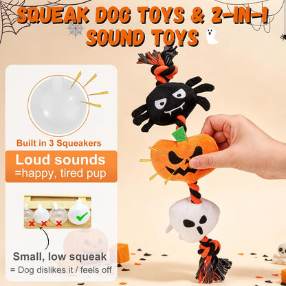Halloween Squeaky Dog Toy for Small Dog to Keep Them Busy, Interactive Dog Rope Toy with 3 Squeakers, Funny Plush Stuffed Toys for Puppy Pet Tug of War Playing Training, Pumpkin+Spider+Ghost