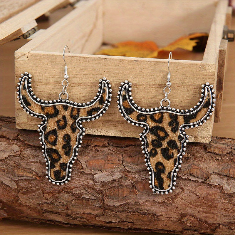 Flocking Cow/ Leopard Pattern Bull Head Design Dangle Earrings Retro Ethnic Style Western Holiday Earrings