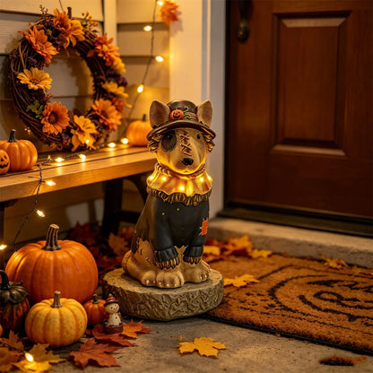 Halloween Illuminated Dog Figurine - 7.9in Scarecrow Dog Statue with Glowing Pumpkin, Waterproof Resin Table and Yard Decor