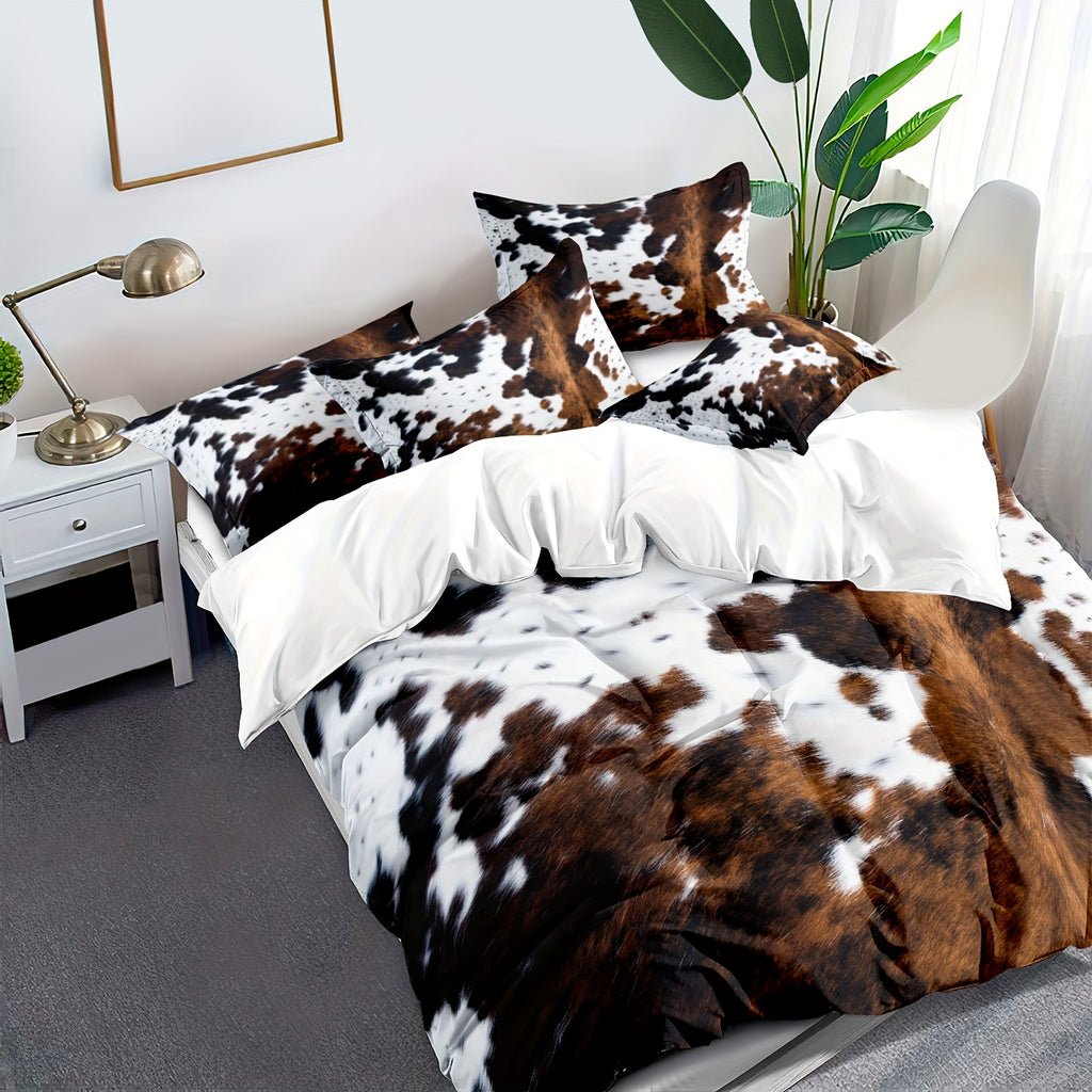 Brown And Black Cow Pattern Yak Leather Bedding Set with Washable Ultra-Fine Microfiber Duvet Cover, Soft And Comfortable, Does Not Include The Down Comforter, Available in 2 Or 3pcs Sets.