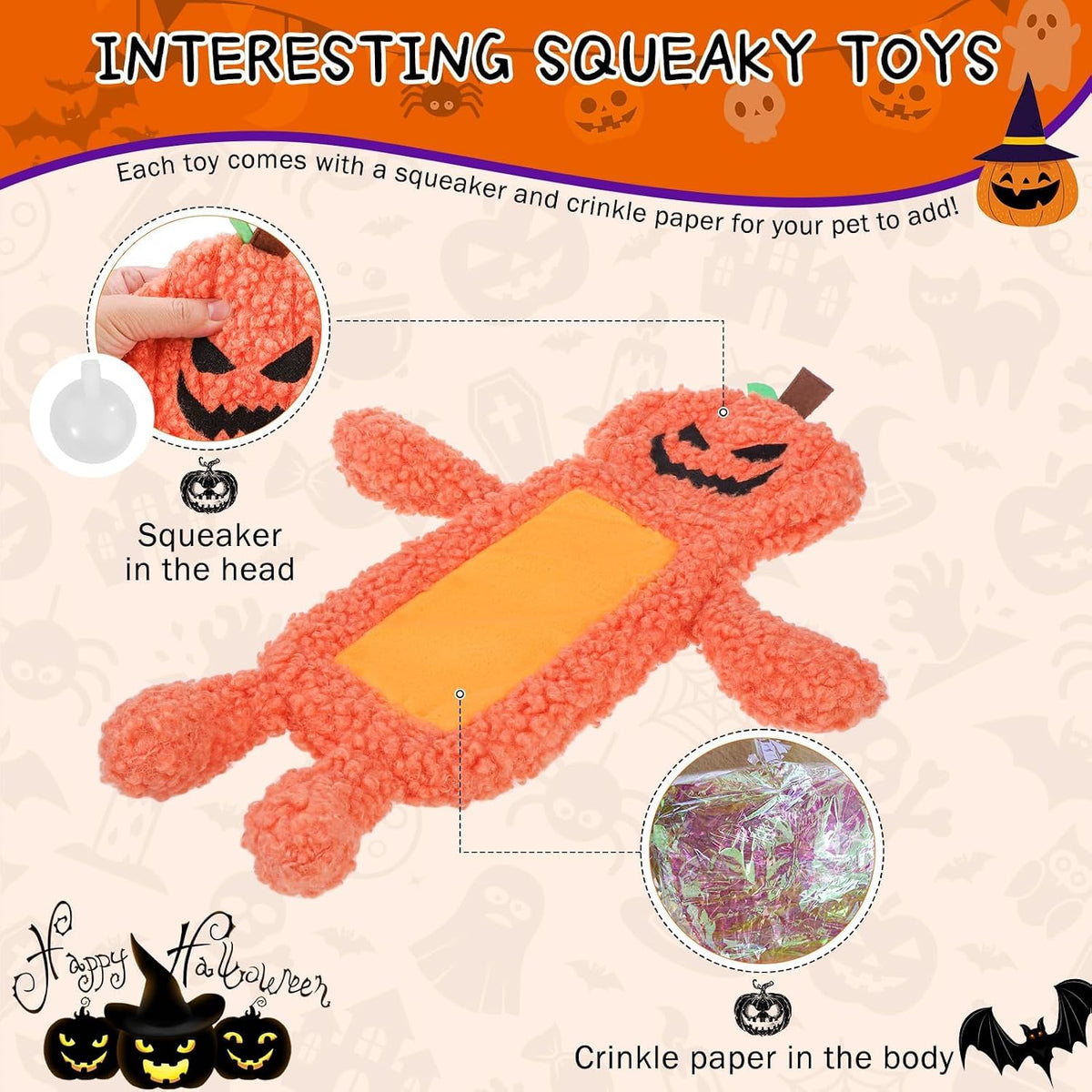 Stuffless Halloween Dog Squeaky Toys for Small Medium Dogs, Crinkle Puppy Chew Toy, 3 Pack Cute Animals Shape Soft Pet Plush Teething Toys(Skeleton & Pumpkin & Bat)