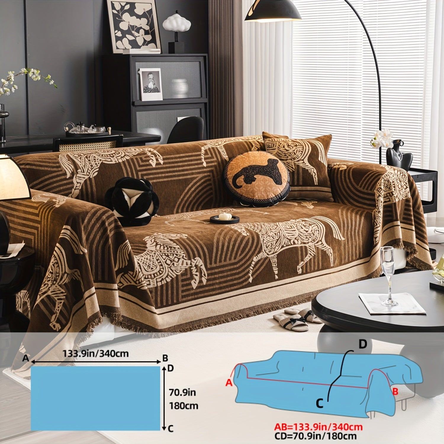Luxurious Chenille Sofa Cover with Horse Design - Dual-Tone, Pet-Friendly & Machine Washable for Armchairs to L-Shaped Couches - Modern Home Decor Gift