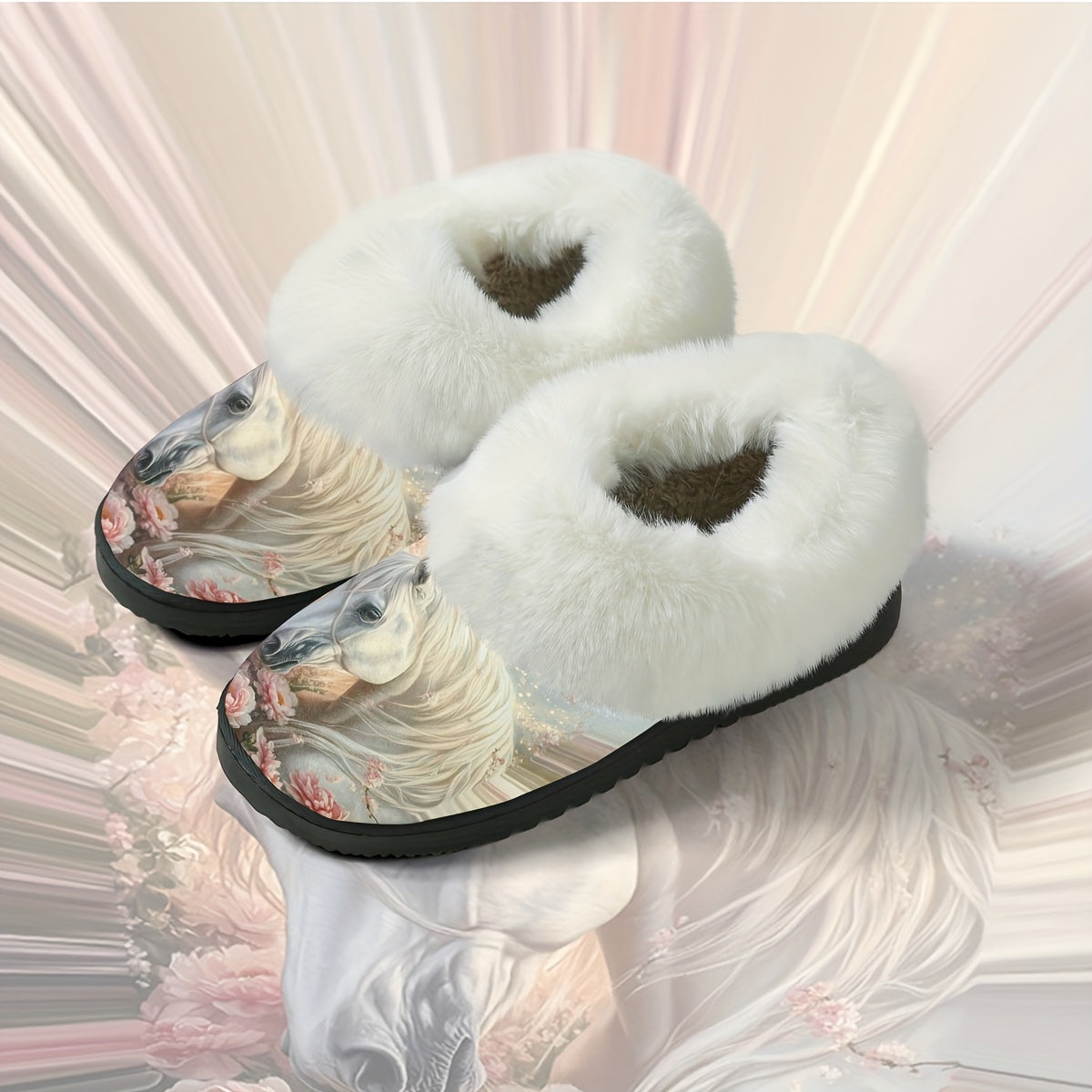 1 Pair Elegant White Horse & Floral Print Plush Slippers - Soft, Non-Slip Rubber Sole, All-Season Indoor/Outdoor House Shoes, Women'S Birthday/Christmas/Halloween Gift - Cozy Home Footwear for Women, Horse Lover Gifts, Indoor