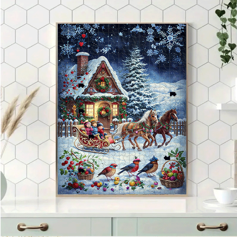 500/1000pcs Winter Village Jigsaw Puzzle for Adults & Families - Large-Scale Snowy Cottage, Sleigh & Horse-Drawn Carriage with 1000pcs (500 Optional) - Challenging Brain Teaser, Christmas/Birthday Gift, DIY Home Decor Puzzle