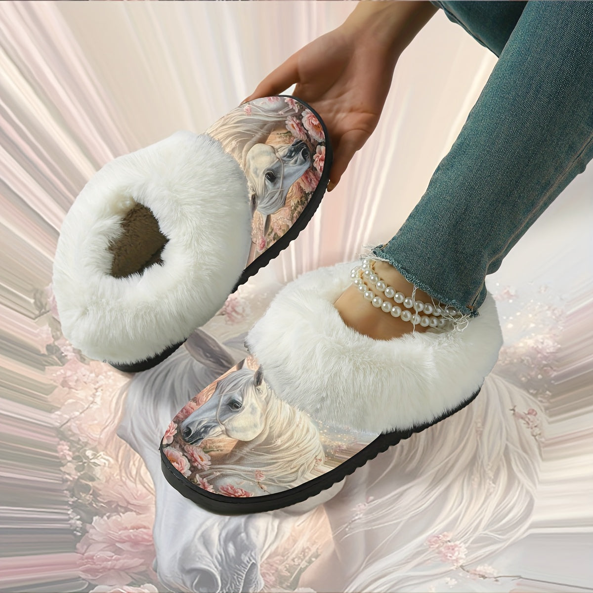 1 Pair Elegant White Horse & Floral Print Plush Slippers - Soft, Non-Slip Rubber Sole, All-Season Indoor/Outdoor House Shoes, Women'S Birthday/Christmas/Halloween Gift - Cozy Home Footwear for Women, Horse Lover Gifts, Indoor