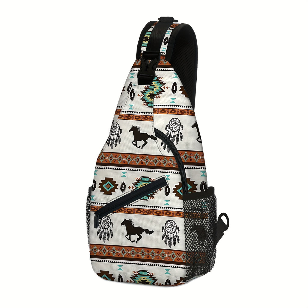 Totem Style Horse Pattern Print Casual Sling Bag, Men's And Women's Crossbody Bag For Travel & Daily Commute