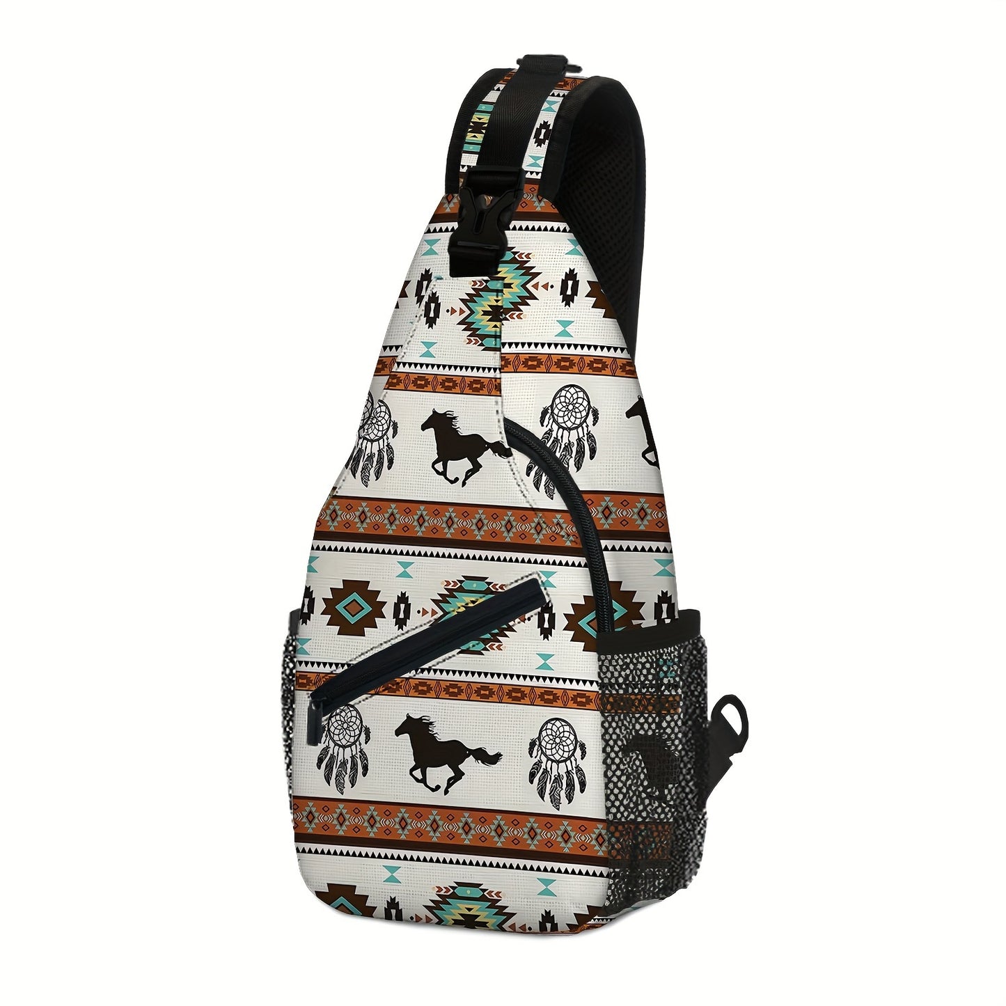 Totem Style Horse Pattern Print Casual Sling Bag, Men's And Women's Crossbody Bag For Travel & Daily Commute