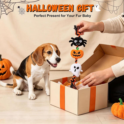 Halloween Squeaky Dog Toy for Small Dog to Keep Them Busy, Interactive Dog Rope Toy with 3 Squeakers, Funny Plush Stuffed Toys for Puppy Pet Tug of War Playing Training, Pumpkin+Spider+Ghost