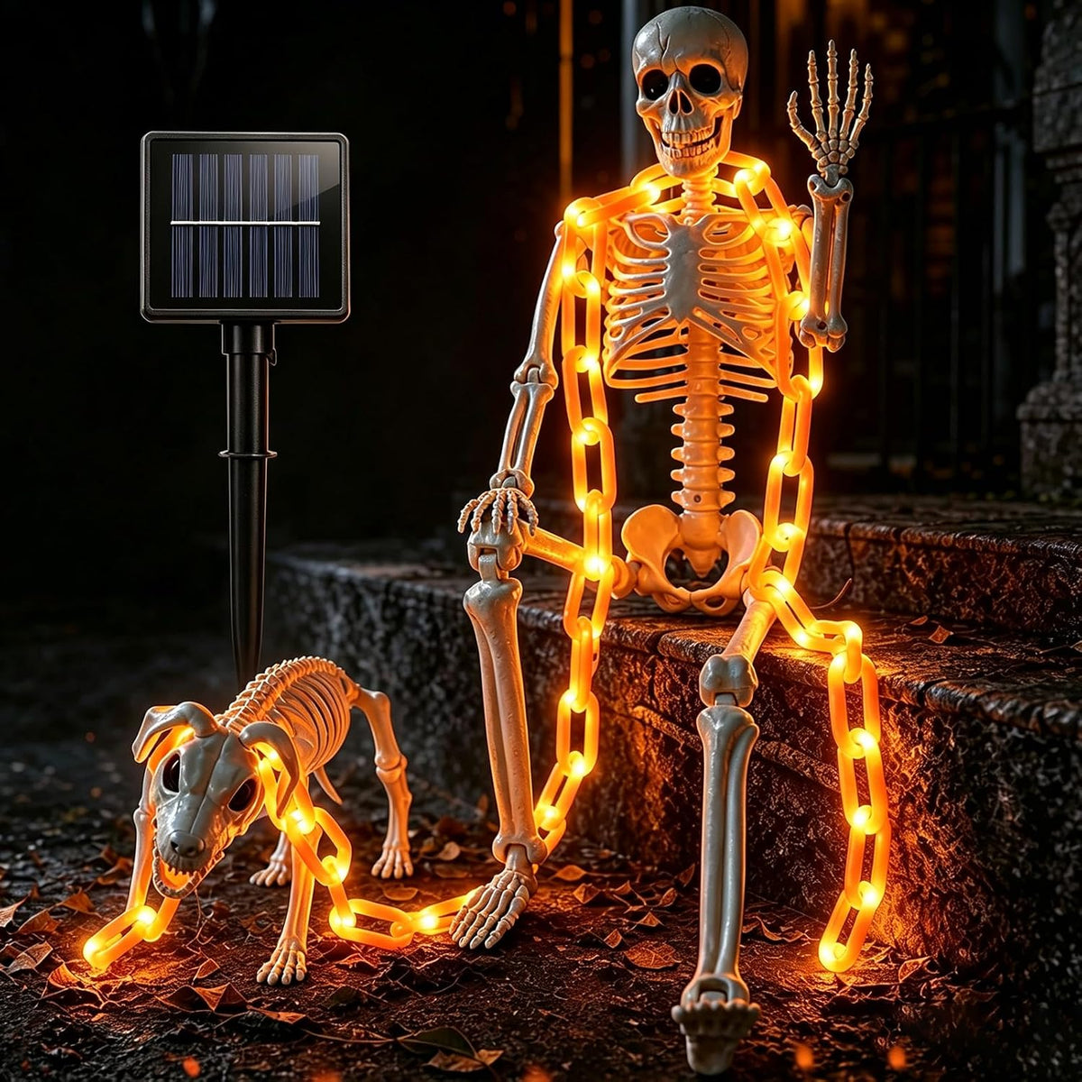 3-Foot Skeleton and Dog Skeleton with Illuminated Chain, Outdoor Halloween Decor