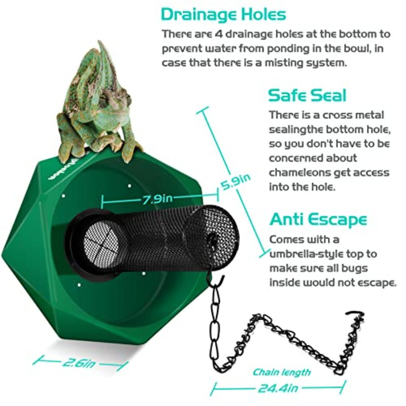 Professional Reptile Feeding Bowl with Hanging Chain & Worm Organizer Column - Heavy-Duty -Escape Bearded Dragon/Iguana/Gecko/Lizard/Toad/Frog Dish, Sturdy Base & Feeding Tongs/Luminous Tweezers Included ( Cage Compatible)
