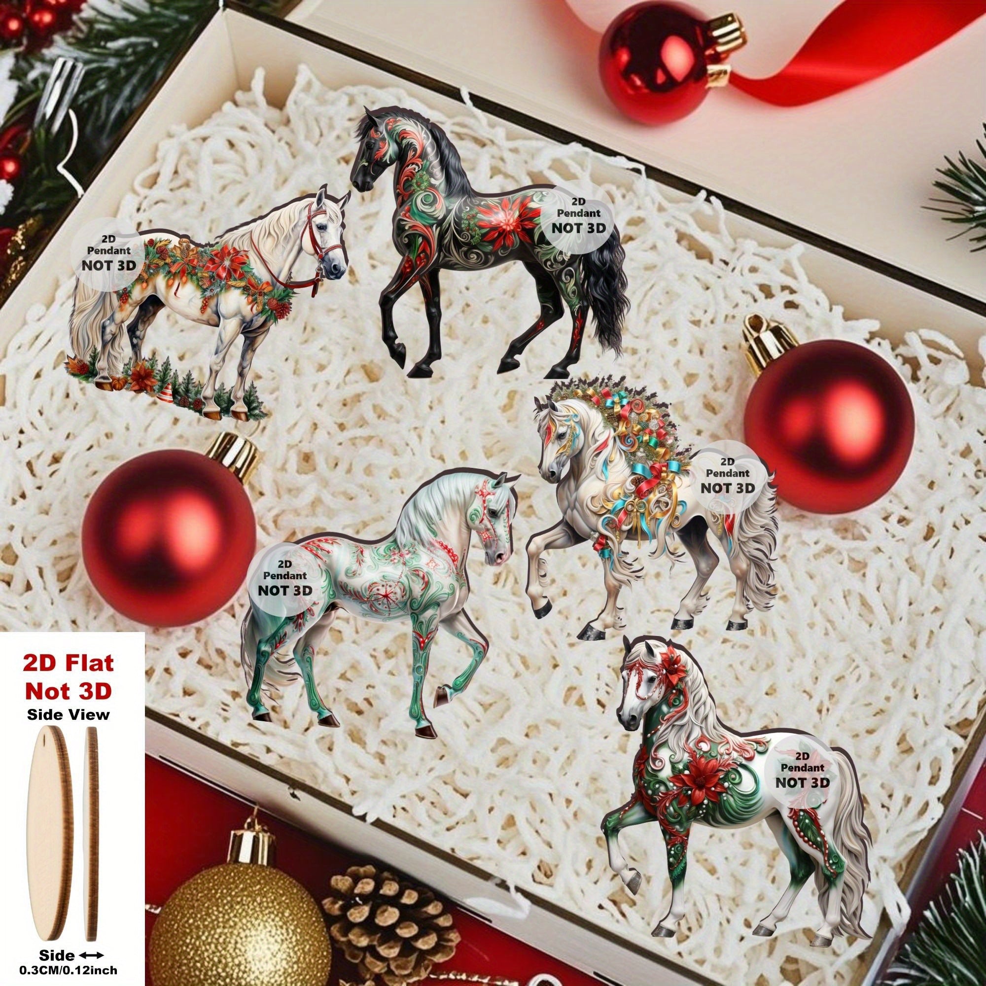 [Handcrafted Wooden Horse] 18pcs Handcrafted Wooden Horse Ornaments - 2D Flat, Festive Christmas Tree Decor with Golden Accents, Ideal for Holiday Home & Gift Tags, Perfect for Christmas, Halloween, Thanksgiving & New Year Ce