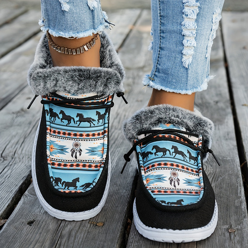 Velvet Horse Pattern Canvas Shoes - Women's Casual Round Head Elastic Strap Flat Sports Shoes with Breathable, Non-Slip, and Easy Wear Features - Perfect for Light Work and Daily Wear