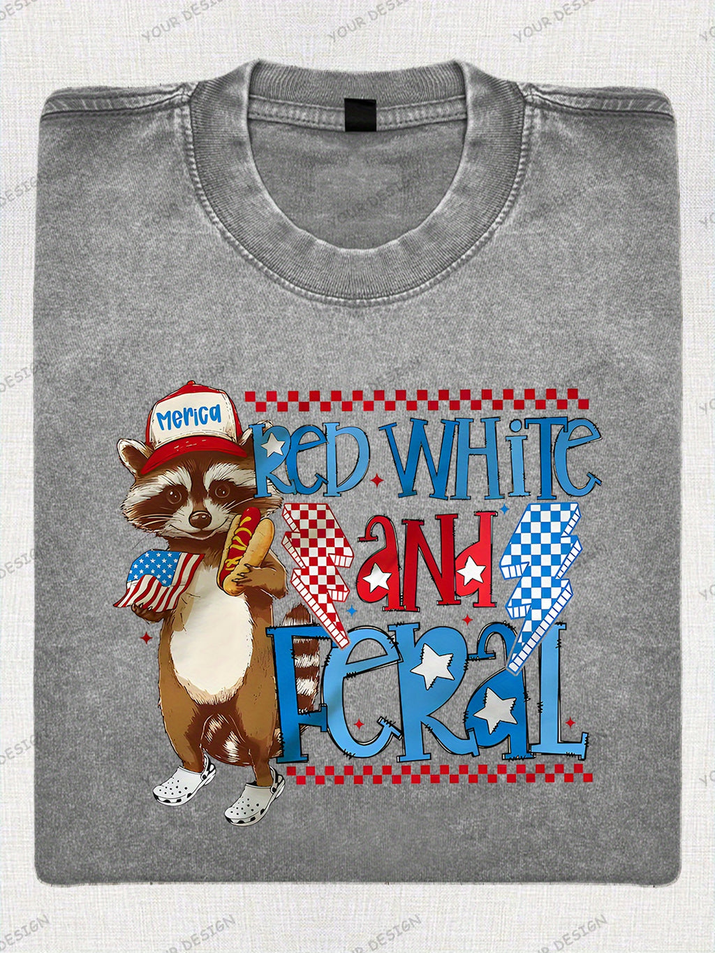 230G Washed Old Cotton T-Shirt, Fashionable 4Th of July, Wild Raccoon, American Flag Design, Independence Day, Dad'S Gift, Relaxed Street Style.