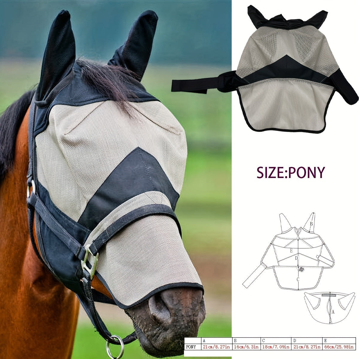 Equestrian Long Nose Fly Mask for Horses, PVC Breathable Mesh Protection with Adjustable Straps - Fly Repellent Horse Mask