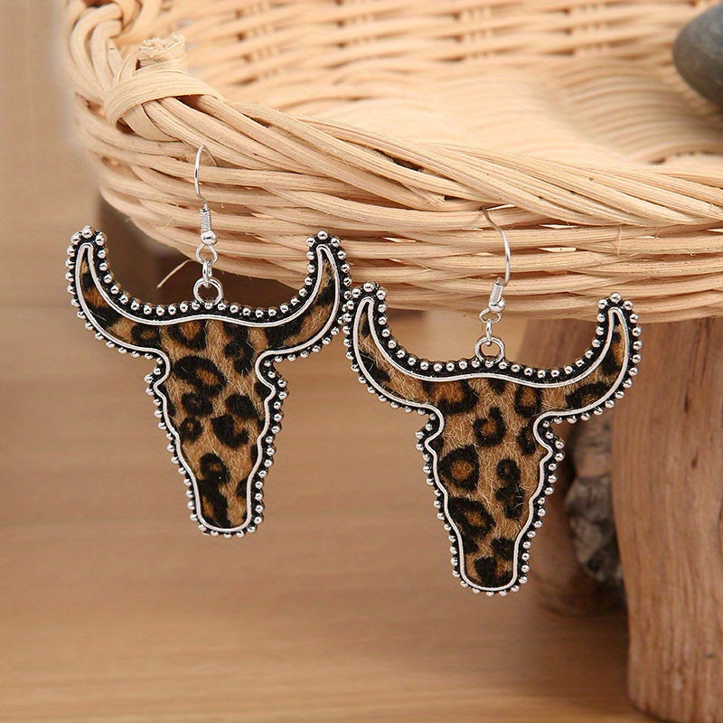 Flocking Cow/ Leopard Pattern Bull Head Design Dangle Earrings Retro Ethnic Style Western Holiday Earrings