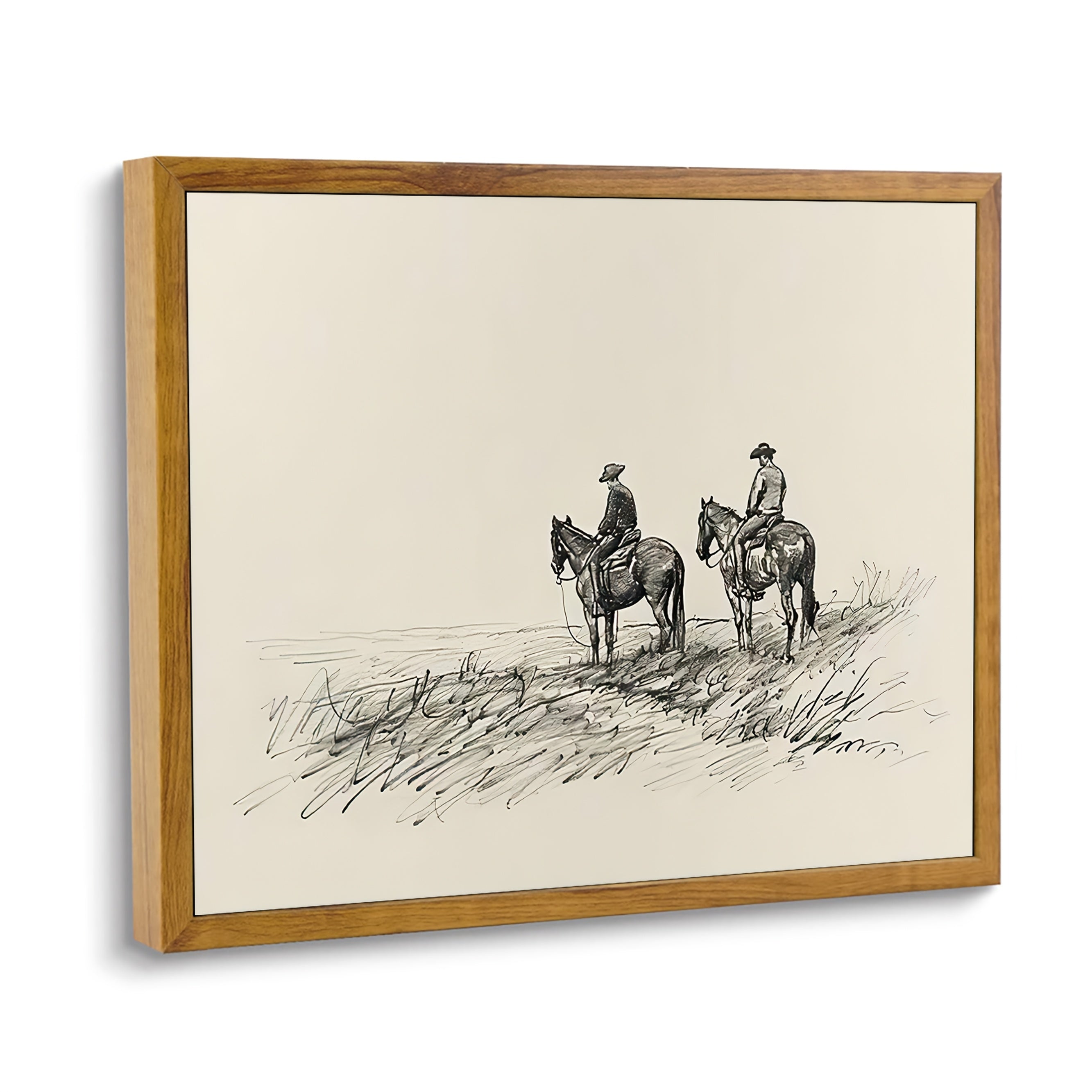 1pc, framed, vintage art, western cowboy horse sketch art mural, retro farmhouse wall decoration painting, home decor, wall decoration, autumn decoration, suitable for dorm, apartment, bedroom, living room, home office decora