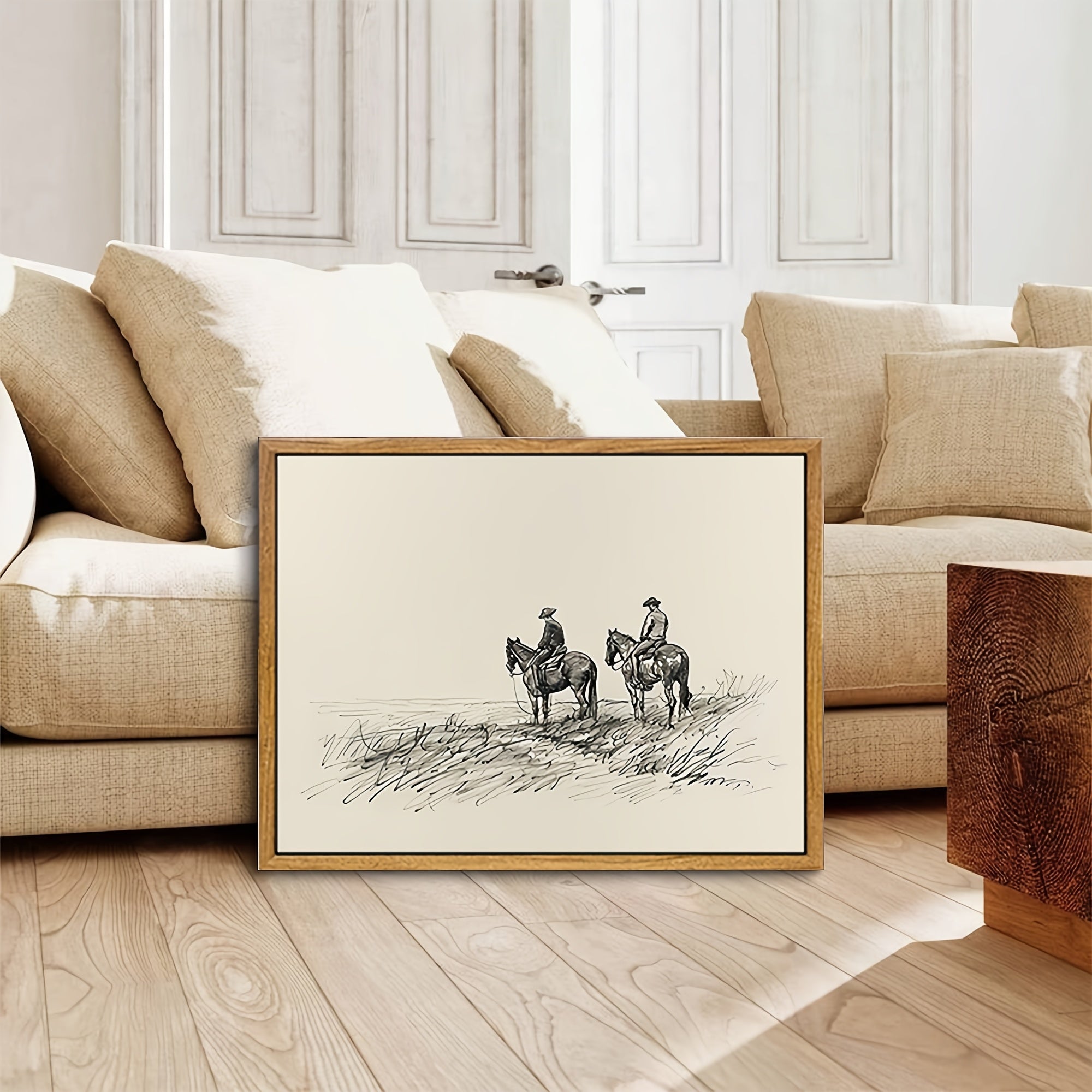 1pc, framed, vintage art, western cowboy horse sketch art mural, retro farmhouse wall decoration painting, home decor, wall decoration, autumn decoration, suitable for dorm, apartment, bedroom, living room, home office decora