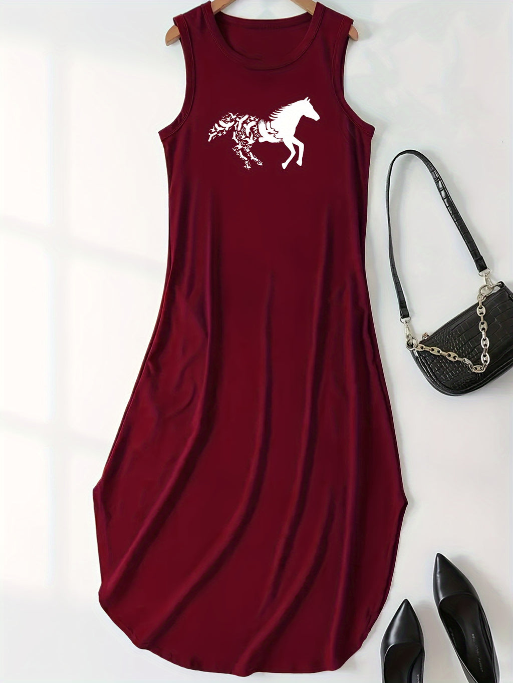 Horse Print Tank Dress, Casual Crew Neck Sleeveless Dress For Summer, Women's Clothing