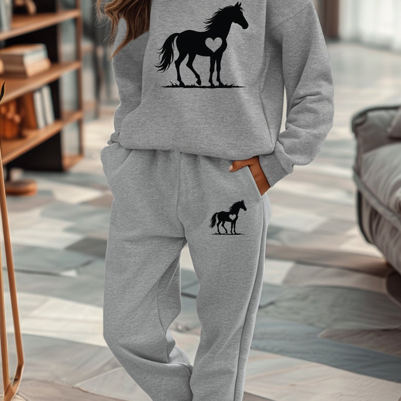 Women'S Casual Fall/Winter Horse Silhouette Sweatshirt and Sweatpants Set - Gray with Black Horse Design, Cozy Sweatpants for Relaxation, Comfortable Clothing | Stylish Horse Print | Cozy Sweatpants