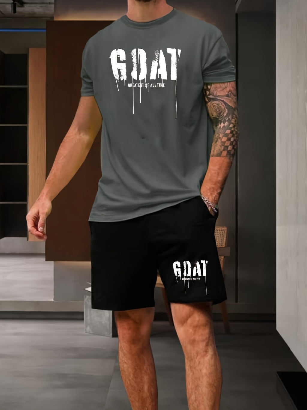 Mens Stylish Goat Print 2pcs Set - Casual Sportswear Outfit with Drawstring Shorts & Short Sleeve Top - Perfect for Spring Summer, Holidays, Leisure, Vacation, and Outdoor Fitness