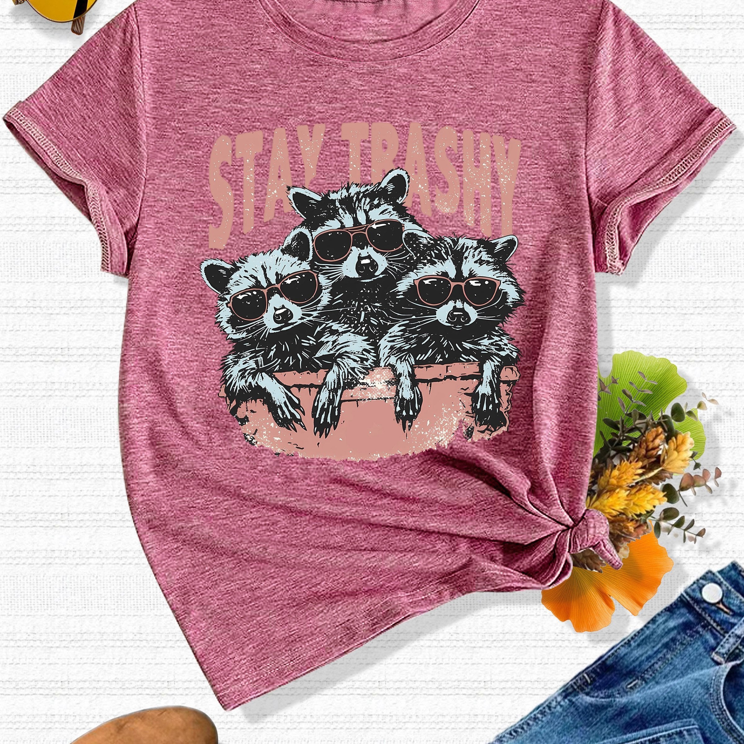 Whimsical Animal Series - Three Little Raccoon Graphic Print Round Neck Short Sleeve Sports T-Shirt - Casual Fashionable, Trendy, Elegant, Retro-Inspired Top for Adult Women