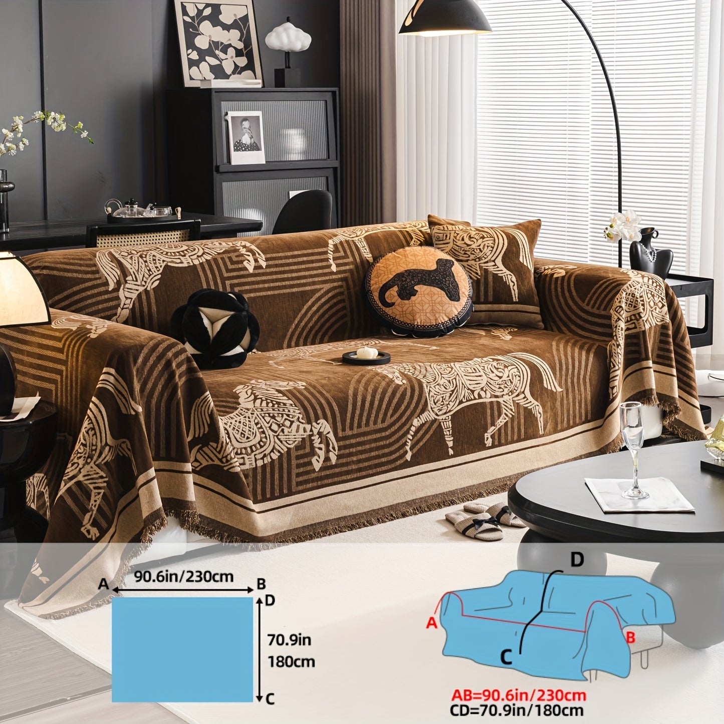 Luxurious Chenille Sofa Cover with Horse Design - Dual-Tone, Pet-Friendly & Machine Washable for Armchairs to L-Shaped Couches - Modern Home Decor Gift