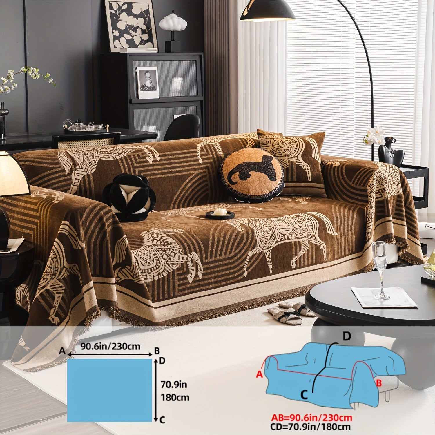 Luxurious Chenille Sofa Cover with Horse Design - Dual-Tone, Pet-Friendly & Machine Washable for Armchairs to L-Shaped Couches - Modern Home Decor Gift