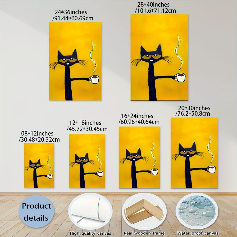 1pc Modern Cat Canvas Art with Wooden Frame – Whimsical Cartoon-Style Black Cat Holding Coffee Cup – Yellow Background, Warm Tones, Unique Animal Wall Decor for Living Room, Bedroom, or Home Office, Cat Decor