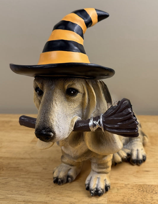 Basset Hound Halloween Witch Statue - 11" Resin Dog Decor with Broom, New with Tags