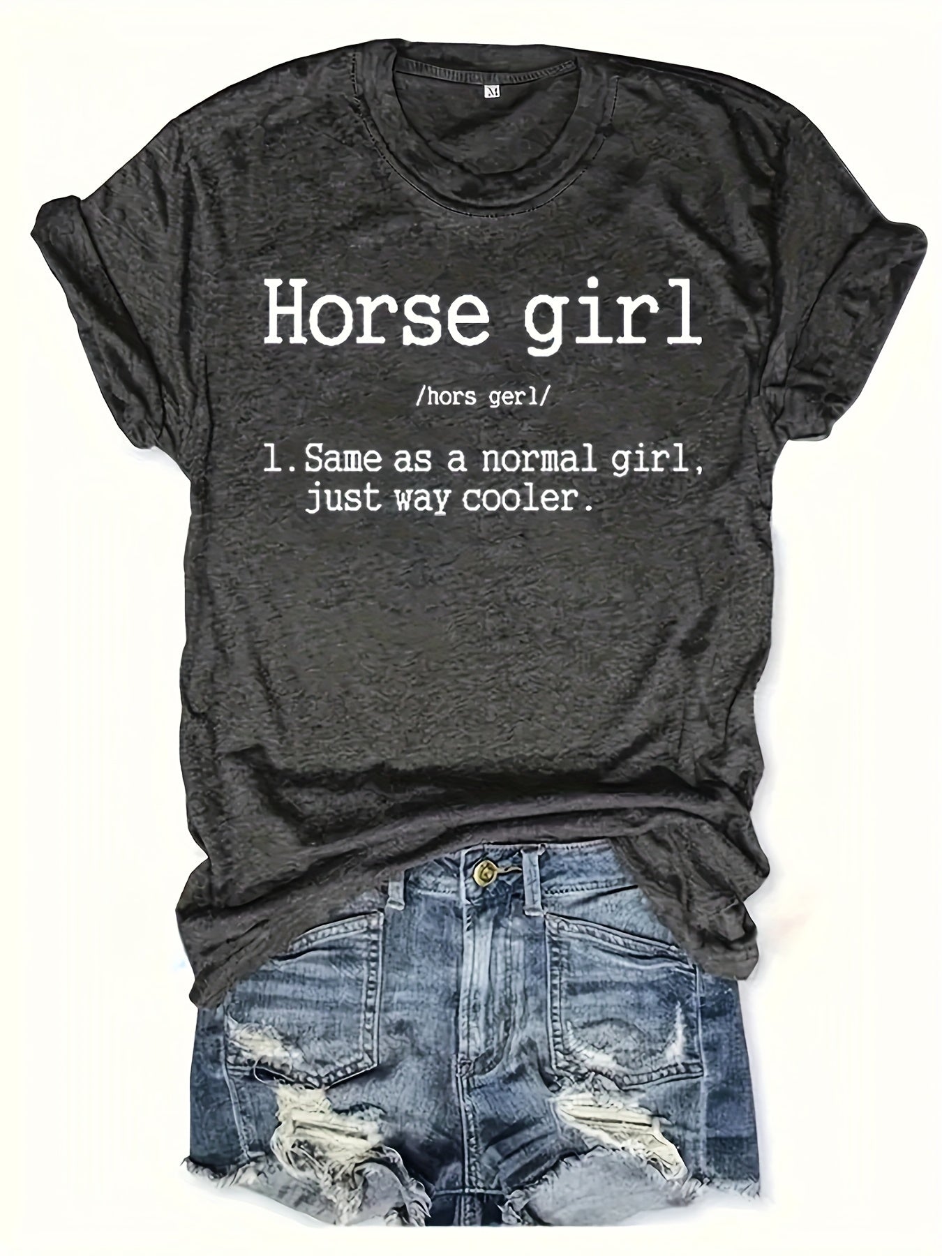 Vibrant Horse Girl Letter Print T-Shirt - Soft Short Sleeve Crew Neck Casual Top for Summer - Comfortable Women's Clothing for Horse Lovers