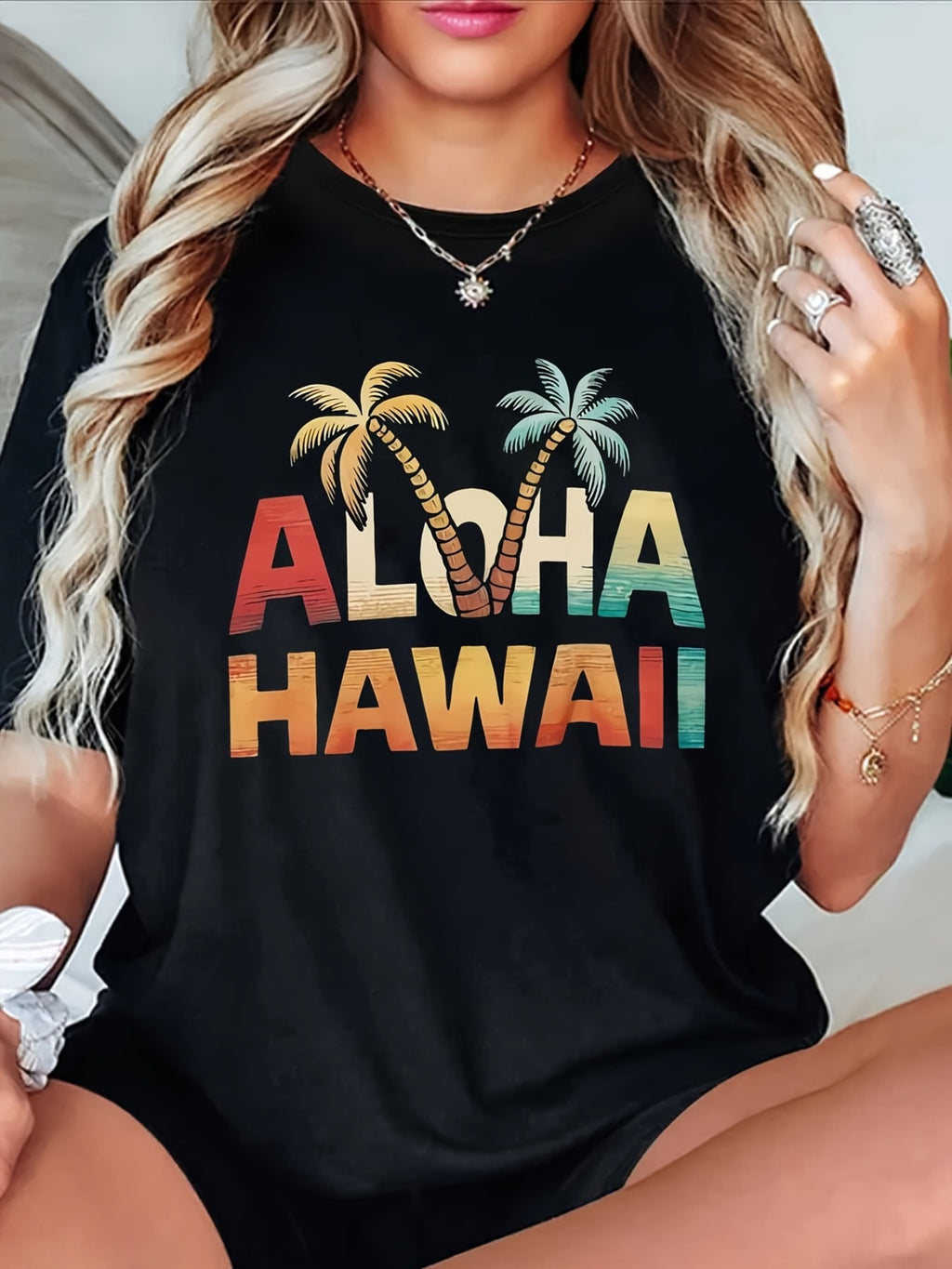 Women'S Summer Beach Tropical Crew Neck T-Shirt - Breathable Short Sleeve Casual Top with Aloha Hawaii Palm Tree Print, Machine Washable Regular Fit Tee for Vacation & Casual Attire, Island Trip Clothing, Vibrant Print