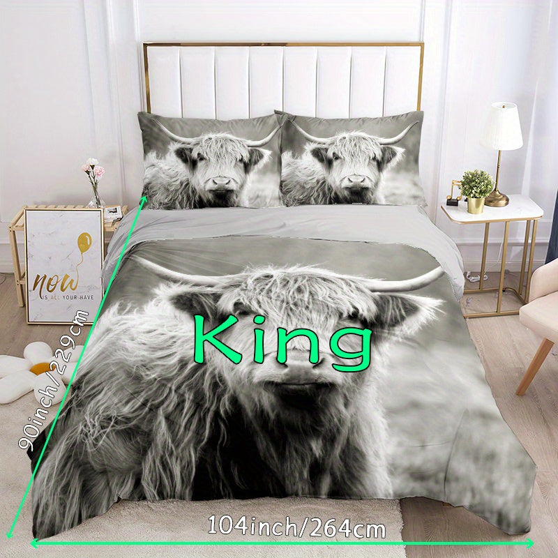 3pcs Stylish Countryside Highland Cow High-Definition Digital Printed bedding