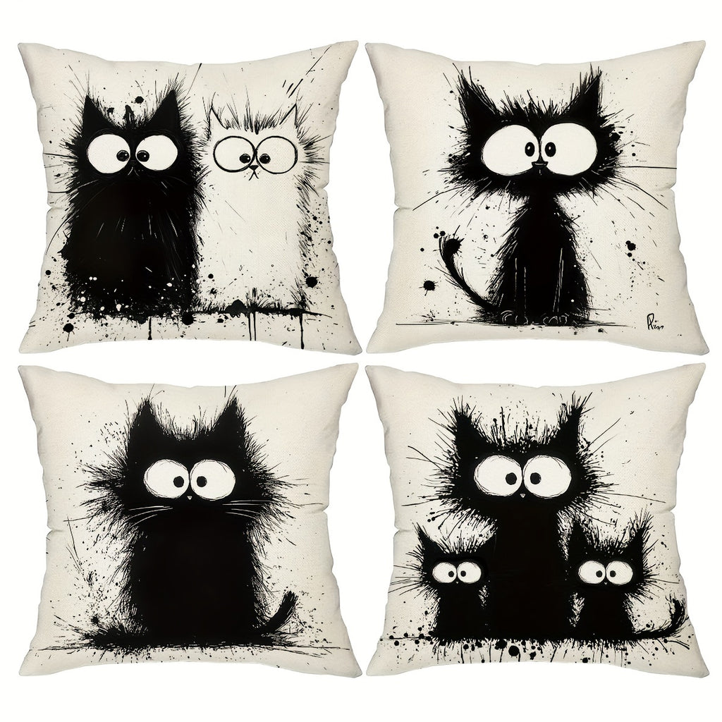 4pcs Boho Chic Black Cat Throw Pillow Covers, 18x18 Inches - Decorative Cushion Cases for Sofa & Bedroom, Zip Closure, Hand Wash Only - Perfect for Farmhouse Style Home Decor, Decorative Pillows