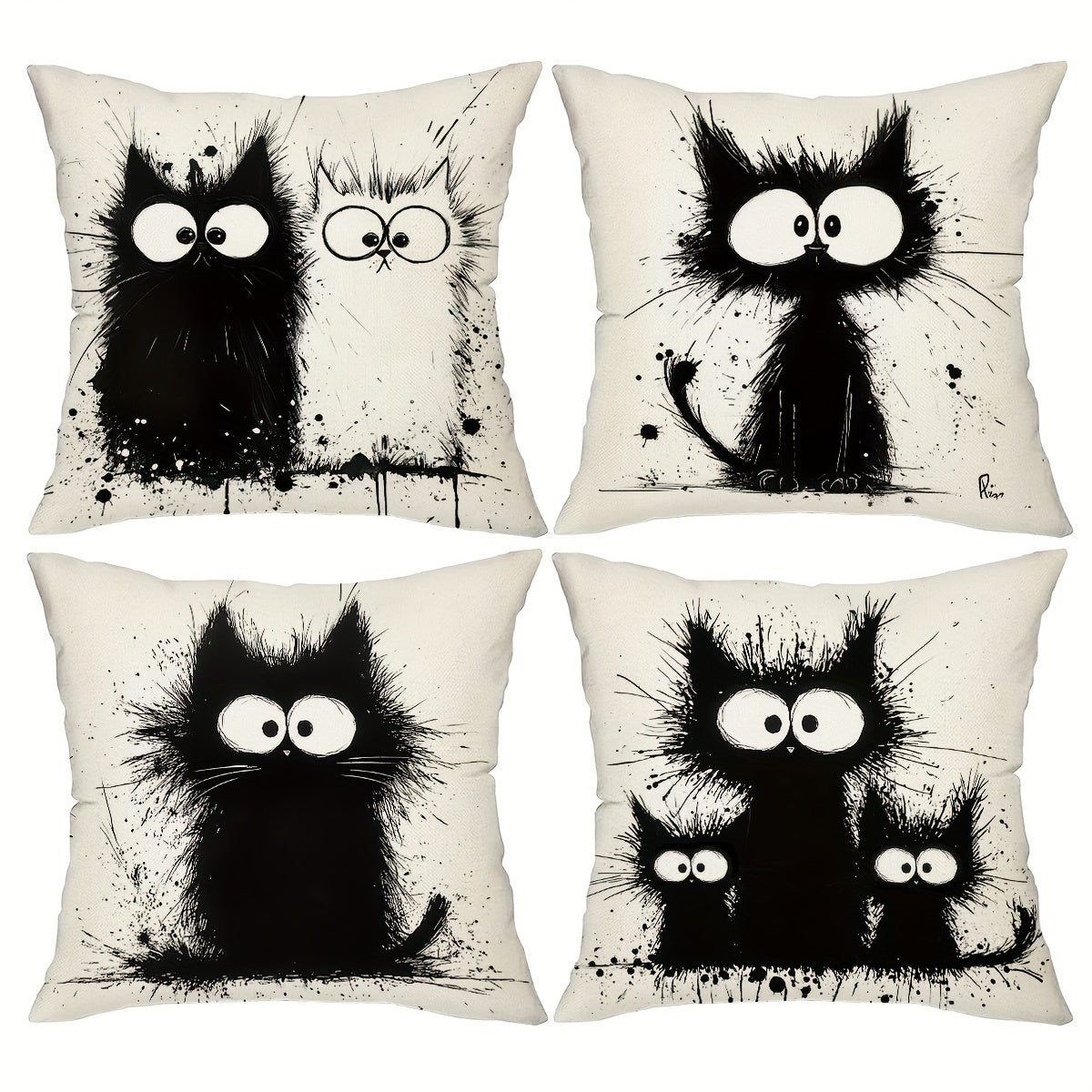 4pcs Boho Chic Black Cat Throw Pillow Covers, 18x18 Inches - Decorative Cushion Cases for Sofa & Bedroom, Zip Closure, Hand Wash Only - Perfect for Farmhouse Style Home Decor, Decorative Pillows