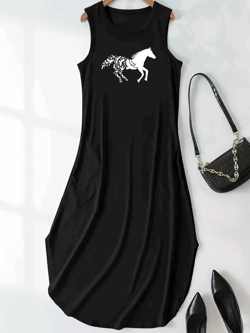 Horse Print Tank Dress, Casual Crew Neck Sleeveless Dress For Summer, Women's Clothing