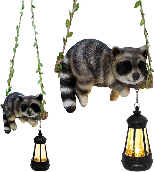 Solar Lighted Garden Outdoor Statue, Hanging Swing Raccoon Style