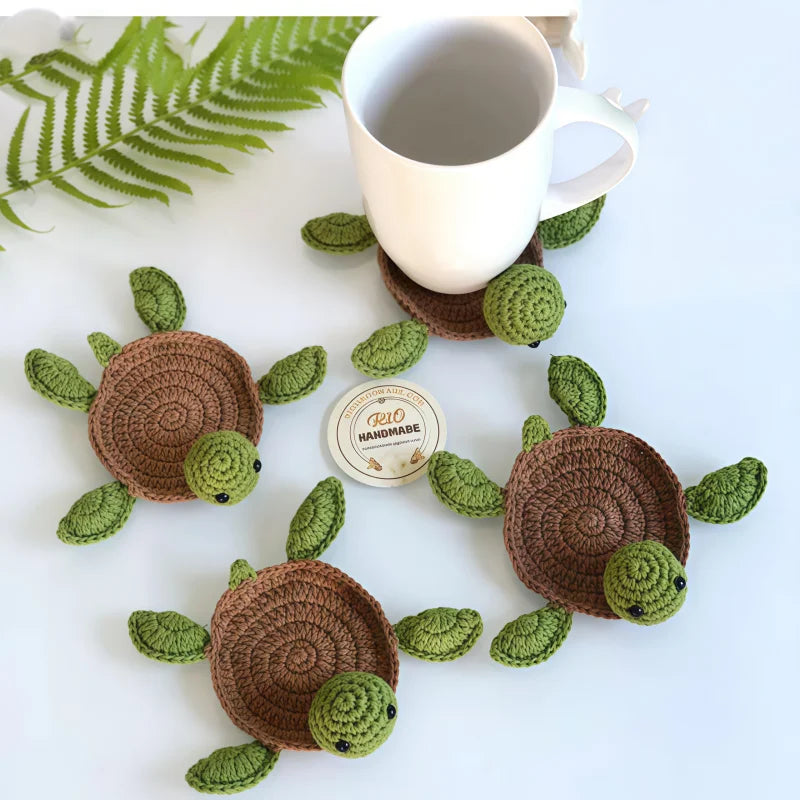 Handmade Crochet Turtle Coaster Set Beverage Drink Mug Mat Home Decor Cute Tabletop Gift Bulk Wholesale Supplies