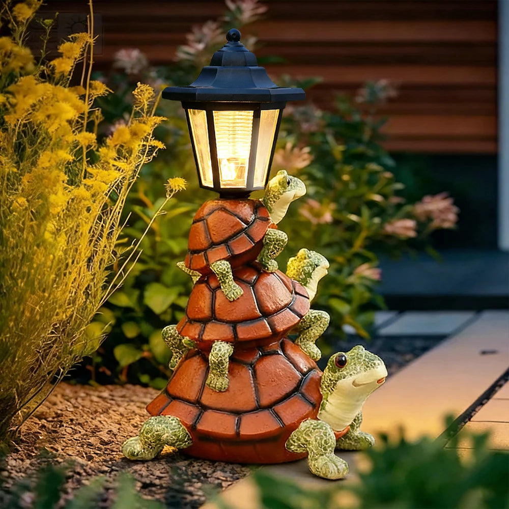 Stacked Turtles Garden Statue with Solar Lantern Resin Turtle Figurine for Outdoor Decor