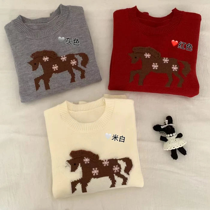 2026 Spring New Arrival Crew Neck Long Sleeve Custom Fit Horse Print Elegant Women Sweater