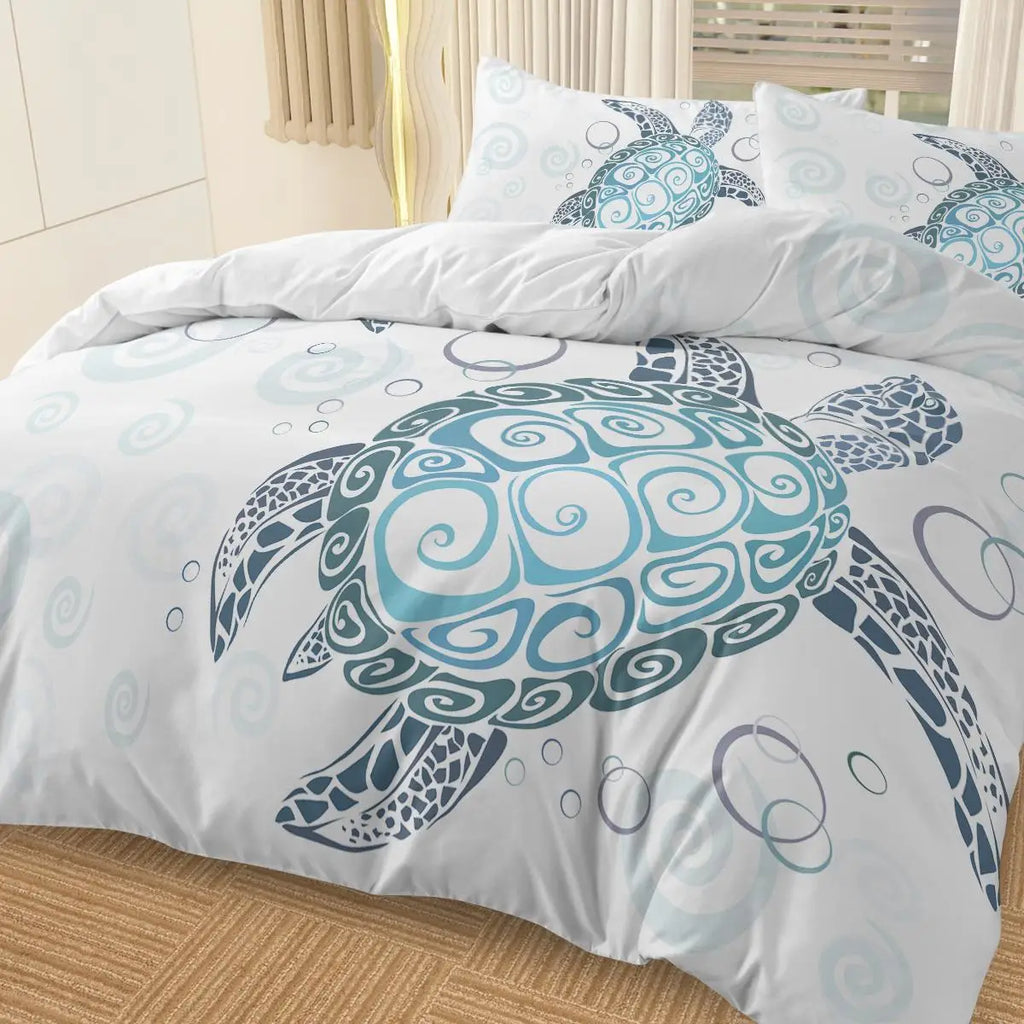 Sea Turtle Themed Aqua Teal Blue Beach Ocean 3-Piece Duvet Cover Set with Comforter and 2 Pillows Made in China