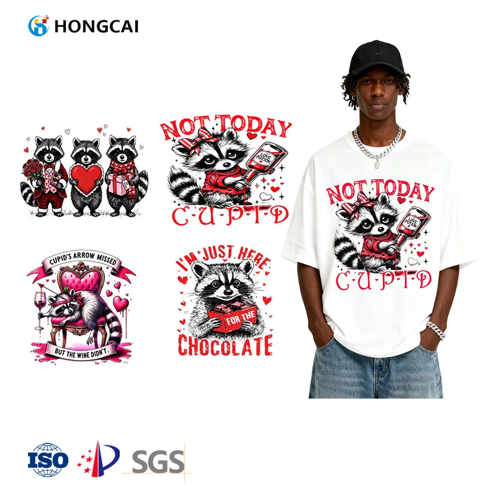 Hongcai White Ink Heat Transfer Clothing Accessories Logo Patches Funny Raccoon Valentine's Day Printed Cartoon Transfer Prints