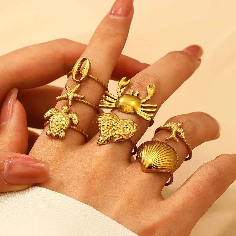 Wholesale Stainless Steel Metal Crab Rings Heart Starfishsea Turtles Open Adjustable Rings Women Jewelry Accessories