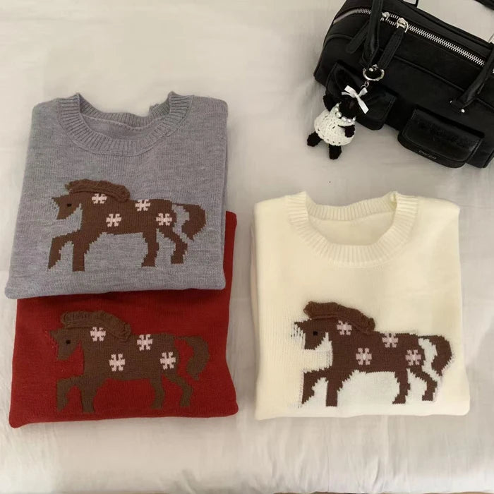 2026 Spring New Arrival Crew Neck Long Sleeve Custom Fit Horse Print Elegant Women Sweater