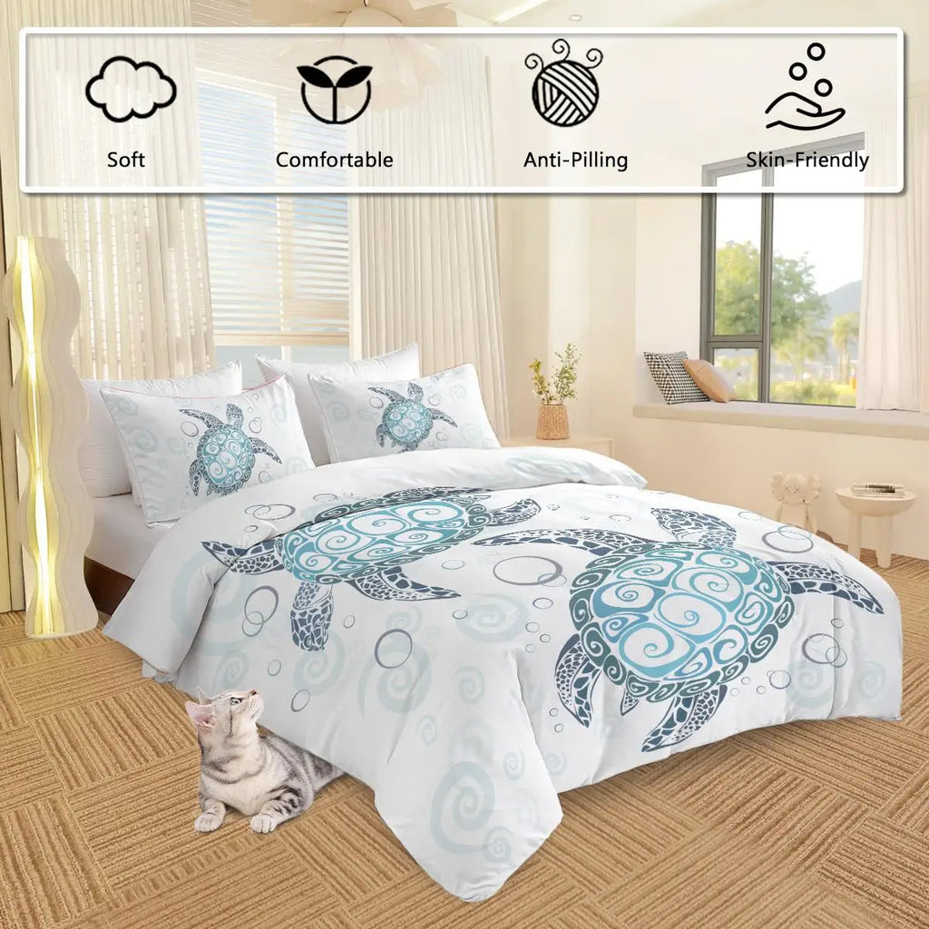 Sea Turtle Themed Aqua Teal Blue Beach Ocean 3-Piece Duvet Cover Set with Comforter and 2 Pillows Made in China