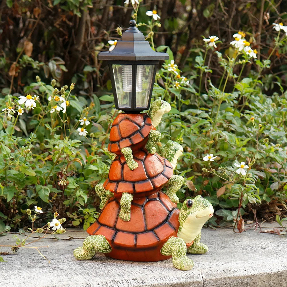 Stacked Turtles Garden Statue with Solar Lantern Resin Turtle Figurine for Outdoor Decor