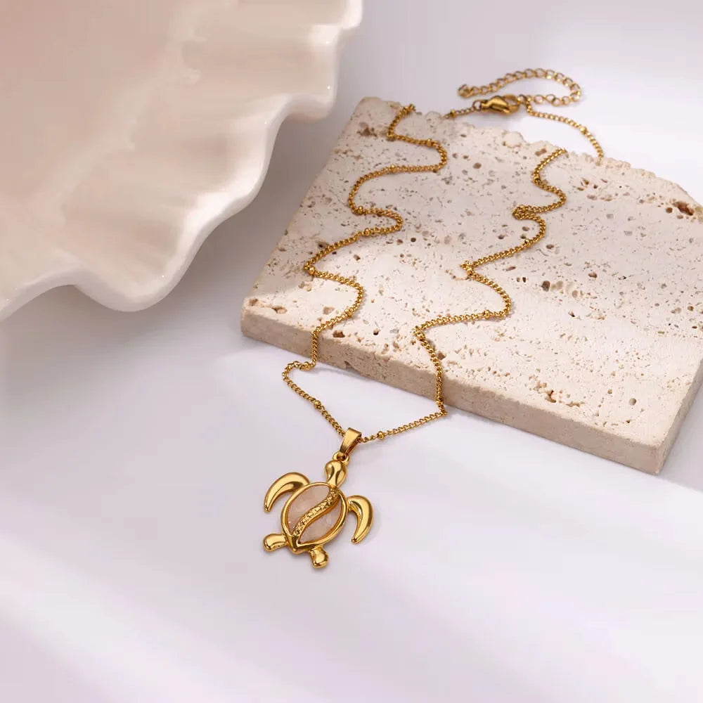 European American Trendy Fashion New AliExpress Turtle Zircon Stainless Steel Gold Plated Necklace Women Versatile Chain