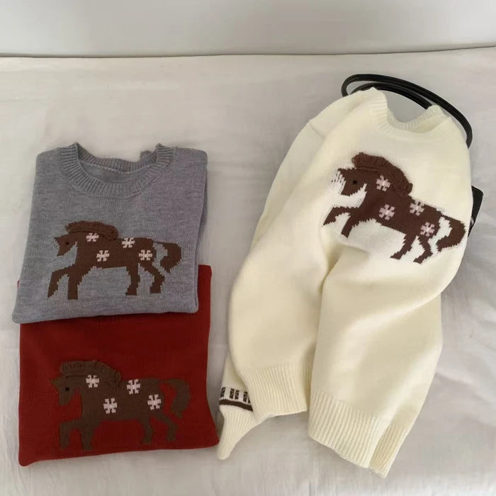 2026 Spring New Arrival Crew Neck Long Sleeve Custom Fit Horse Print Elegant Women Sweater