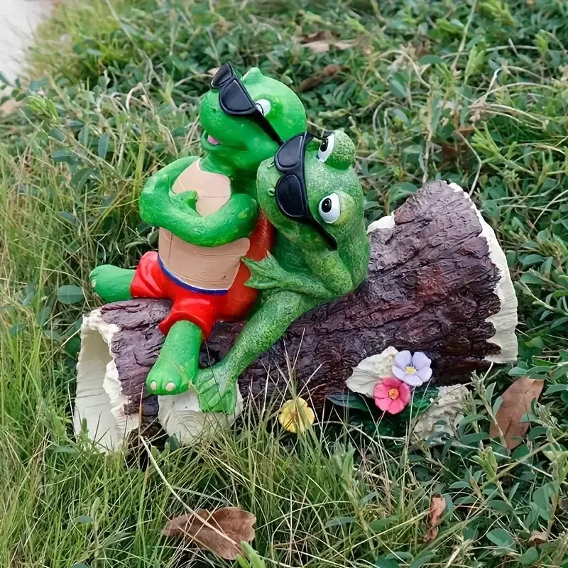 Weird Turtle and Frog Resin Fountain Combination-Hand-painted Cute Style Outdoor Garden Water Feature Display